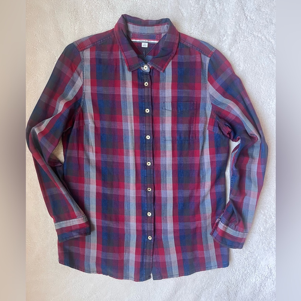 Tommy Hilfiger Plaid Button Down Shirt Women Size Large